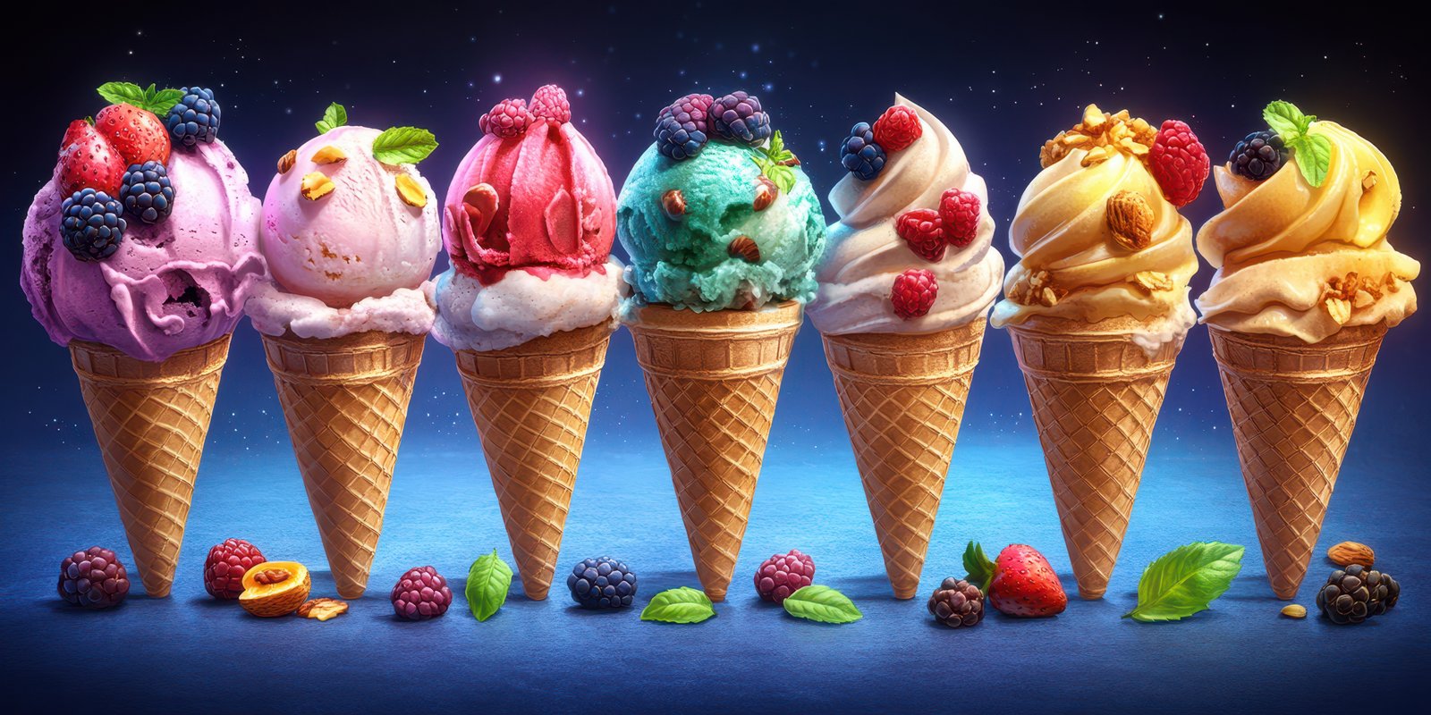 Delicious selection of colorful ice cream cones presented against a dark blue background in a delightful display